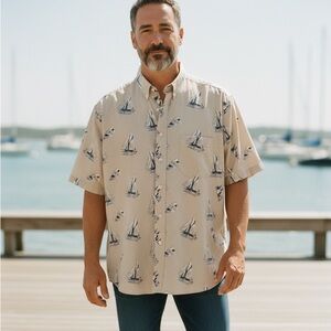 Roundtree & Yorke Beige w/Sailboats Theme Button Down Shirt Men's XL